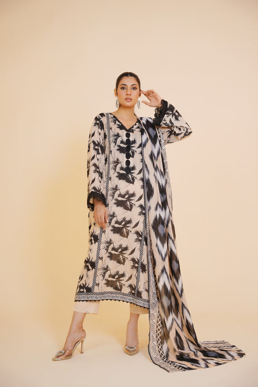 Moonlit Grace – Monochrome 3-Piece Printed Lawn Suit