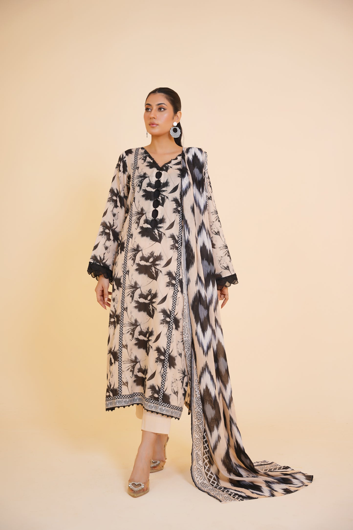 Moonlit Grace – Monochrome 3-Piece Printed Lawn Suit